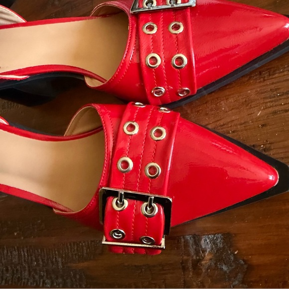 Red Patent Buckle Strap Women's Shoes - Picture 5 of 7